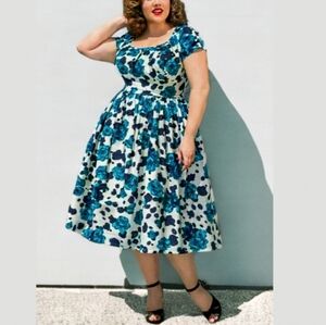 Unique Vintage Retro Teal And Black Floral Print Pinup Dress